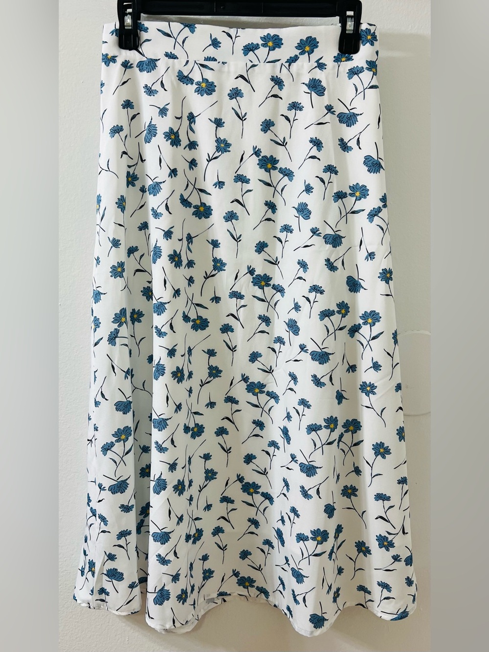 White Midi Skirt with Blue Floral Print